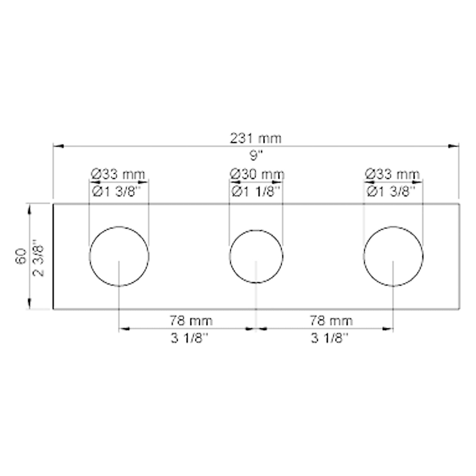 VOLA Afdekplaat 3-gats 231/309 x 60 gaten Ø33 mm en Ø33/Ø30  mm VR1037 / 003K / 003 / 003B