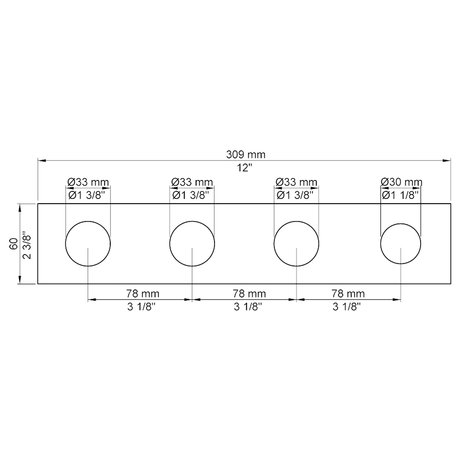 VOLA Afdekplaat 4-gats 309 x 60 gaten Ø33 mm, Ø33 mm, Ø33 mm en Ø30 mm 004