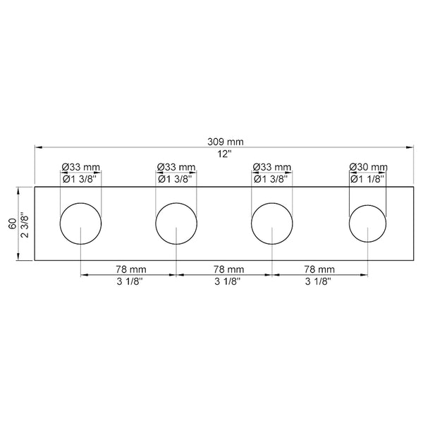 VOLA Afdekplaat 4-gats 309 x 60 gaten Ø33 mm, Ø33 mm, Ø33 mm en Ø30 mm 004