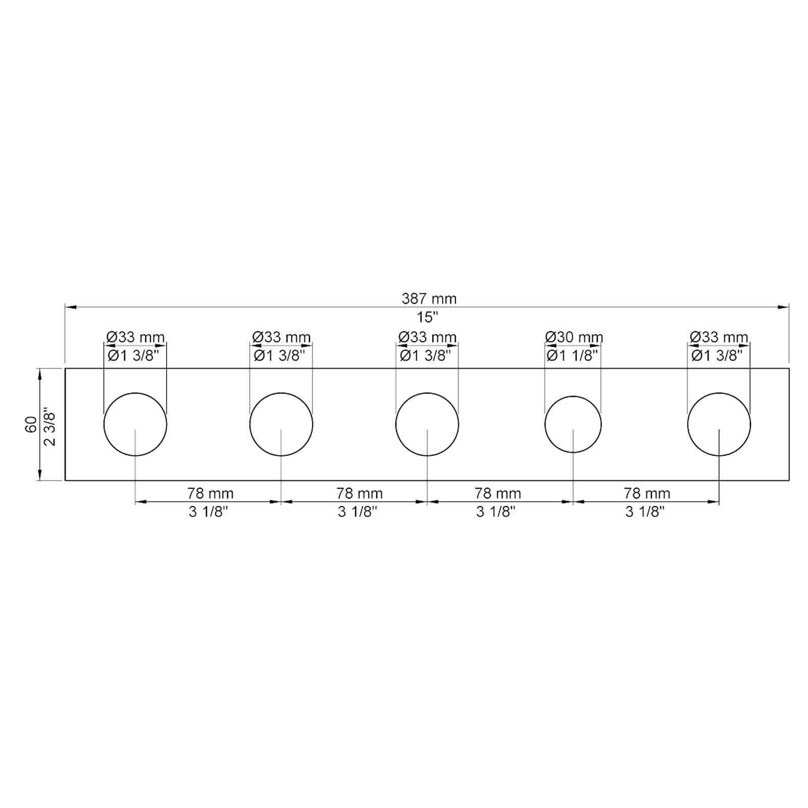 VOLA Afdekplaat 5-gats 3387 x 60 gaten Ø33 mm, Ø33 mm, Ø33 mm, Ø30 mm en Ø33 mm 005