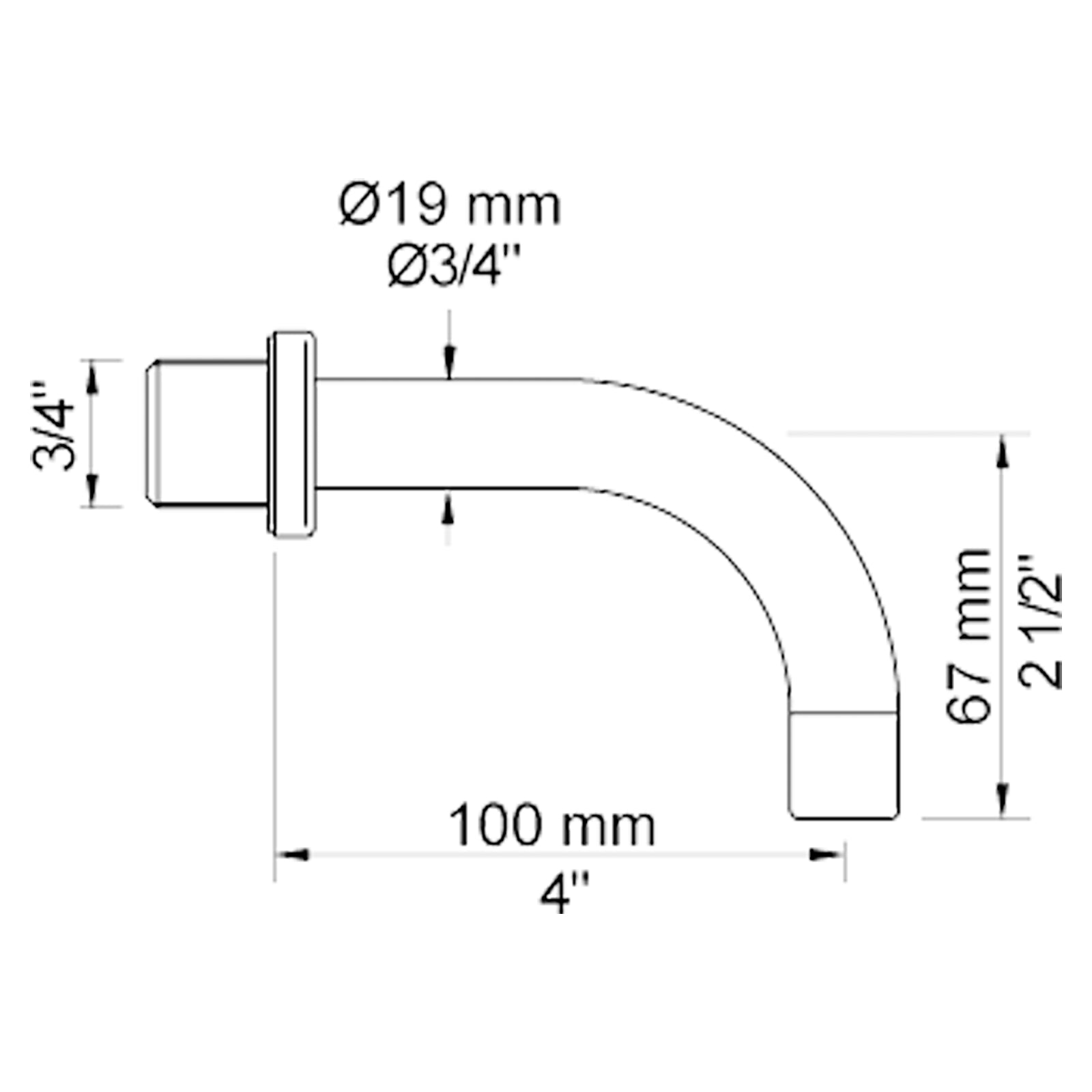 VOLA vaste uitloop voor wandmontage 160mm, 110mm en 130mm Ø19 mm 010 / 010/100 / 010/130