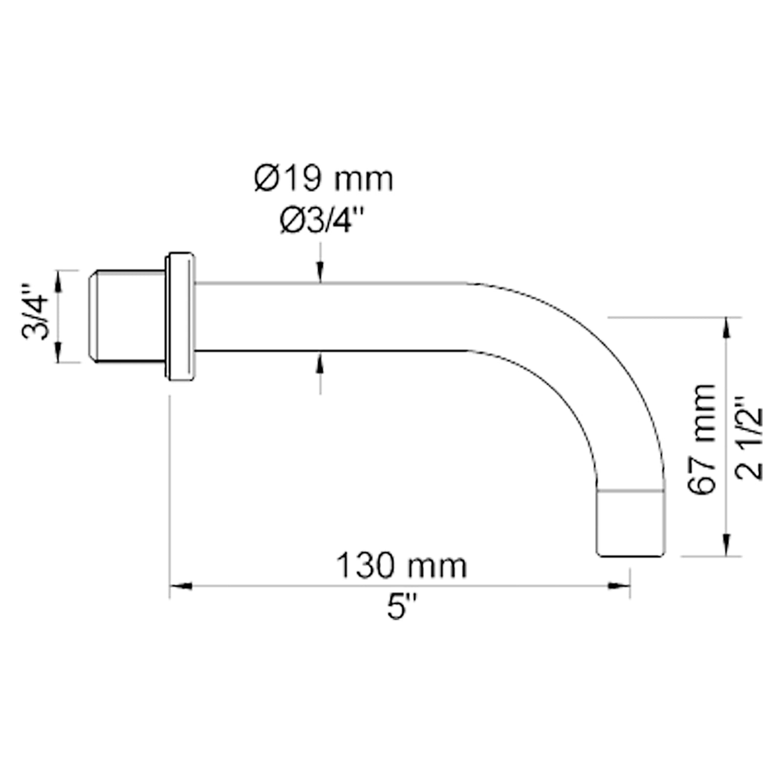 VOLA vaste uitloop voor wandmontage 160mm, 110mm en 130mm Ø19 mm 010 / 010/100 / 010/130