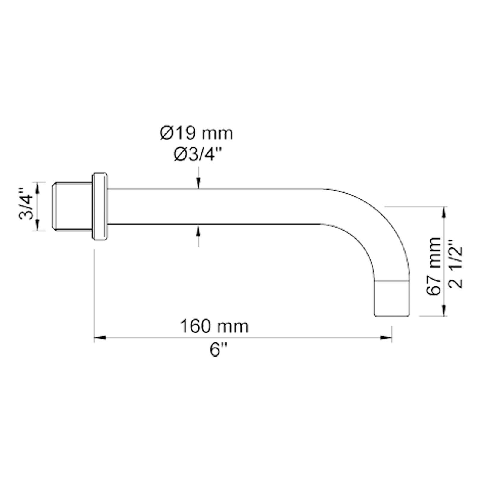 VOLA vaste uitloop voor wandmontage 160mm, 110mm en 130mm Ø19 mm 010 / 010/100 / 010/130