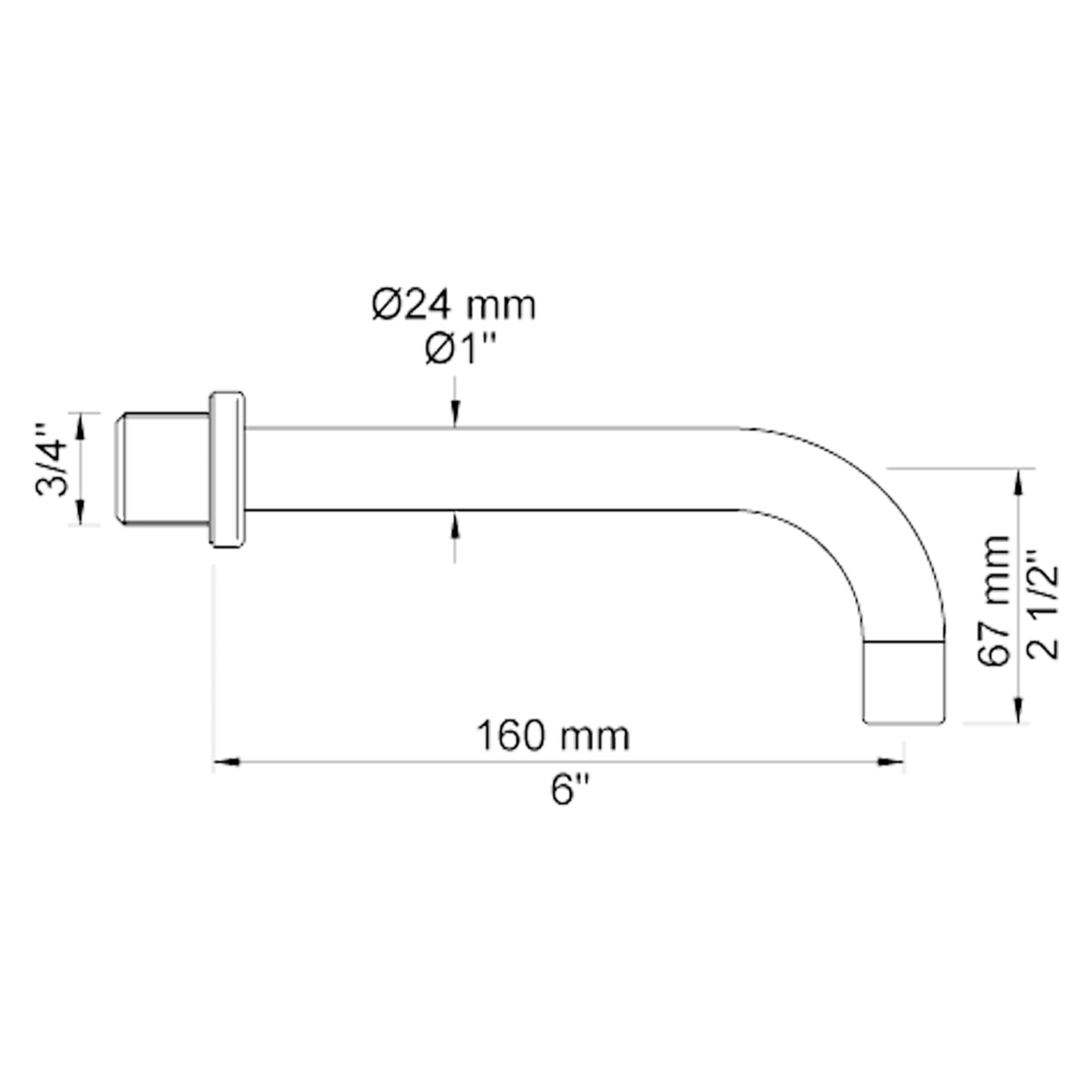 VOLA vaste bad uitloop voor wandmontage 160mm en 225mm Ø24 mm 010C / 020C