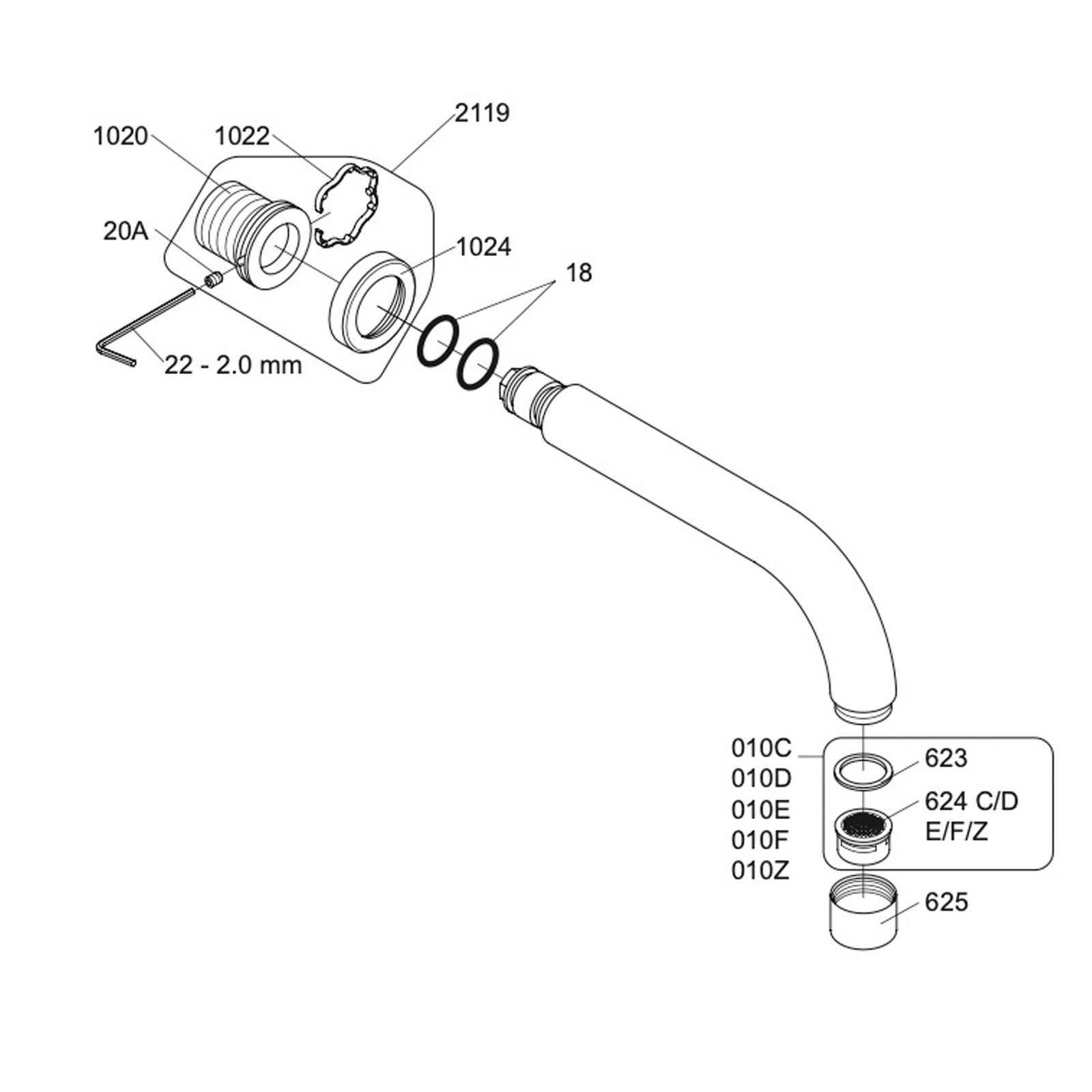 VOLA vaste bad uitloop voor wandmontage 200mm en 300mm Ø24 mm 020C/200 / 020C/300