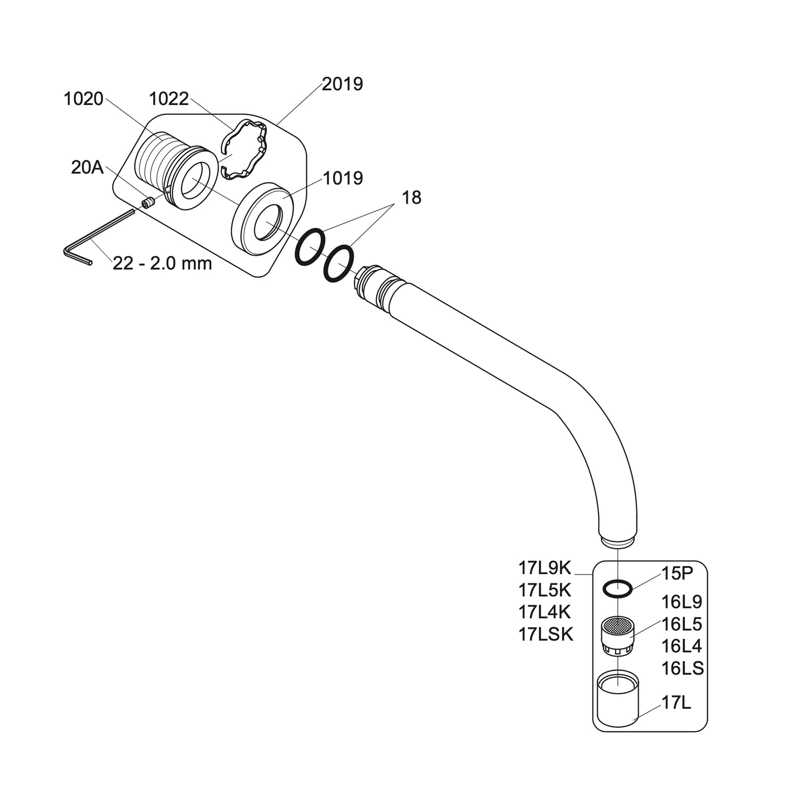 VOLA vaste uitloop voor wandmontage 160mm, 110mm en 130mm Ø19 mm 010 / 010/100 / 010/130