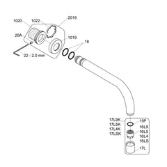 VOLA vaste uitloop voor wandmontage 160mm, 110mm en 130mm Ø19 mm 010 / 010/100 / 010/130