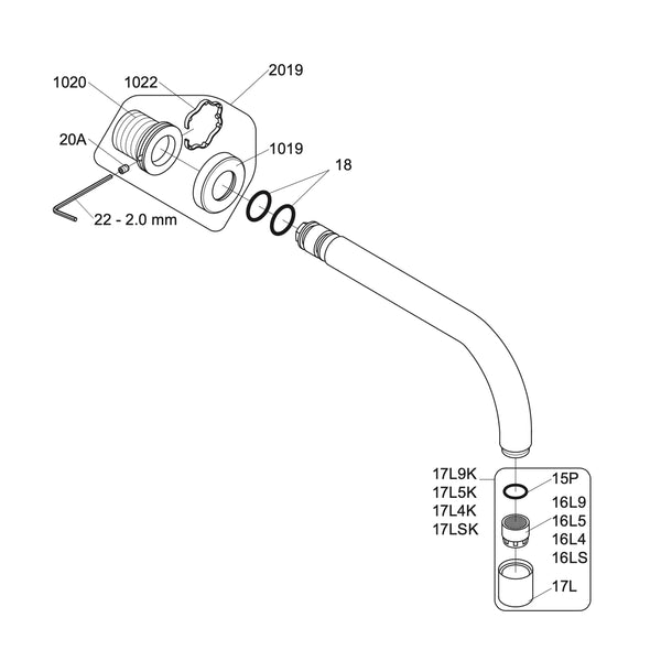 VOLA vaste uitloop voor wandmontage 160mm, 110mm en 130mm Ø19 mm 010 / 010/100 / 010/130