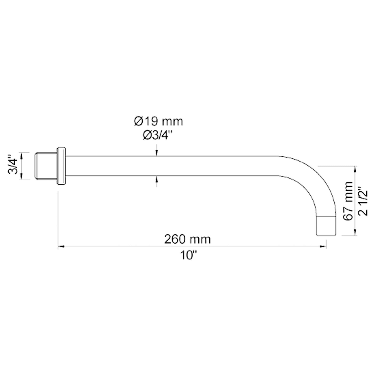 VOLA vaste uitloop voor wandmontage 200mm, 260mm en 300mm Ø19 mm 020/200 / 020/260 / 020/300