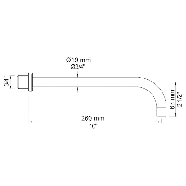 VOLA vaste uitloop voor wandmontage 200mm, 260mm en 300mm Ø19 mm 020/200 / 020/260 / 020/300