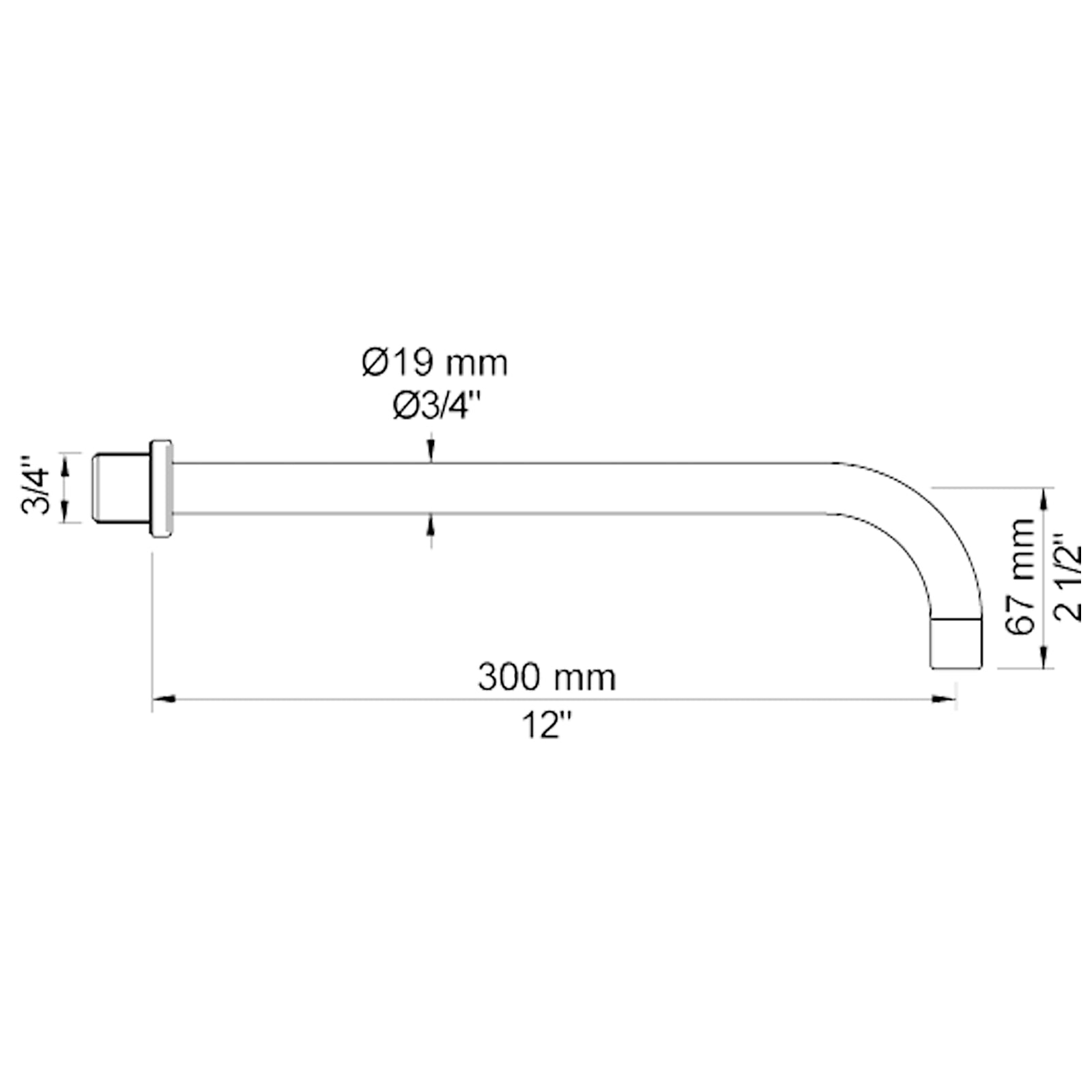 VOLA vaste uitloop voor wandmontage 200mm, 260mm en 300mm Ø19 mm 020/200 / 020/260 / 020/300