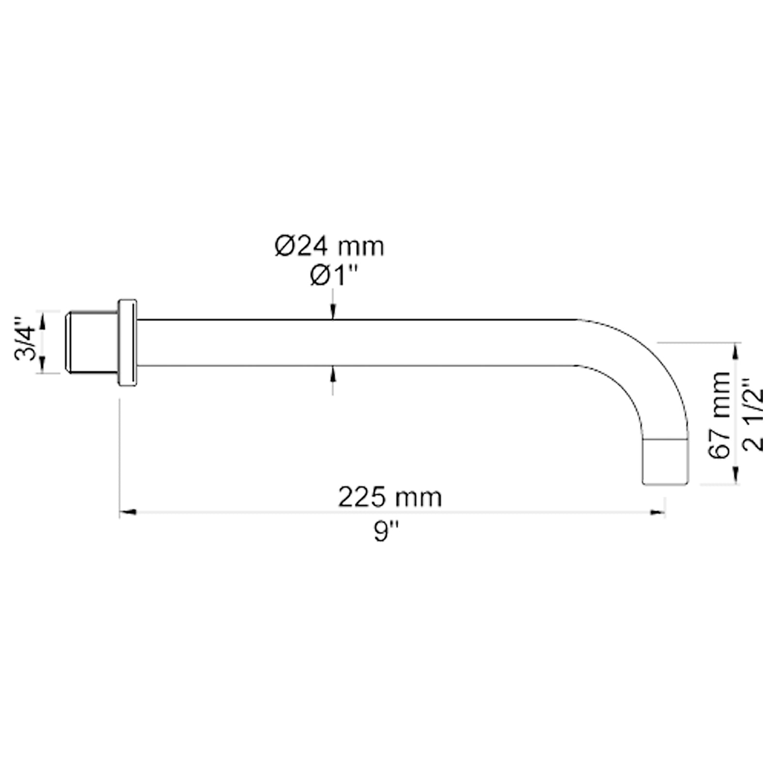 VOLA vaste bad uitloop voor wandmontage 160mm en 225mm Ø24 mm 010C / 020C