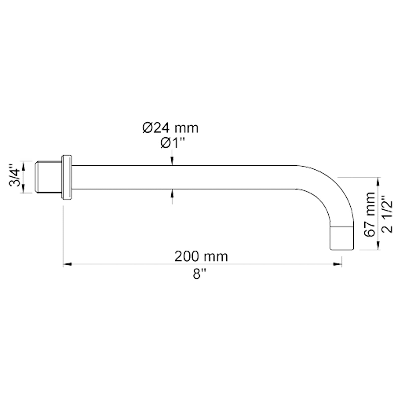 VOLA vaste bad uitloop voor wandmontage 200mm en 300mm Ø24 mm 020C/200 / 020C/300