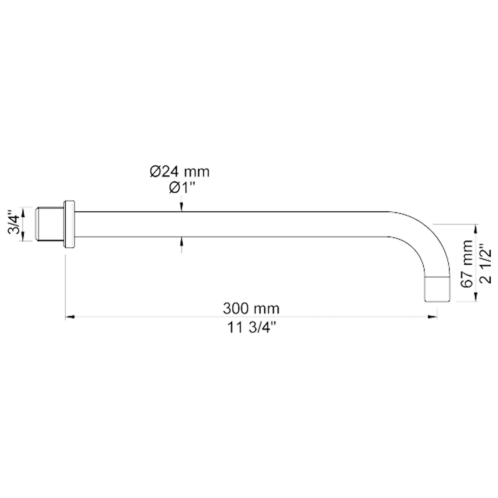 VOLA vaste bad uitloop voor wandmontage 200mm en 300mm Ø24 mm 020C/200 / 020C/300