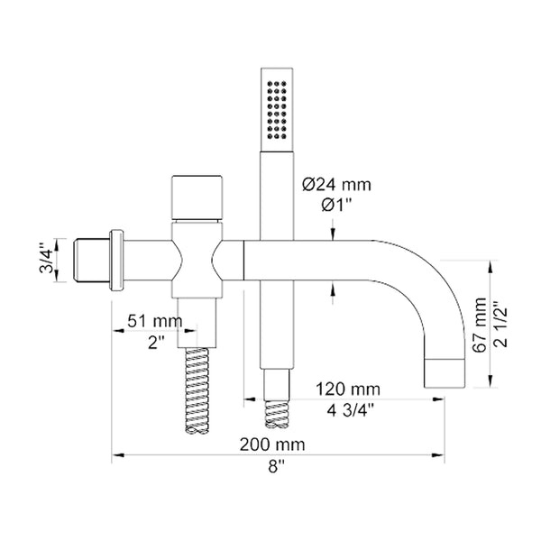 VOLA vertical swivel bath spout for wall mounting 200mm Ø24mm 040D incl. T2 and hose