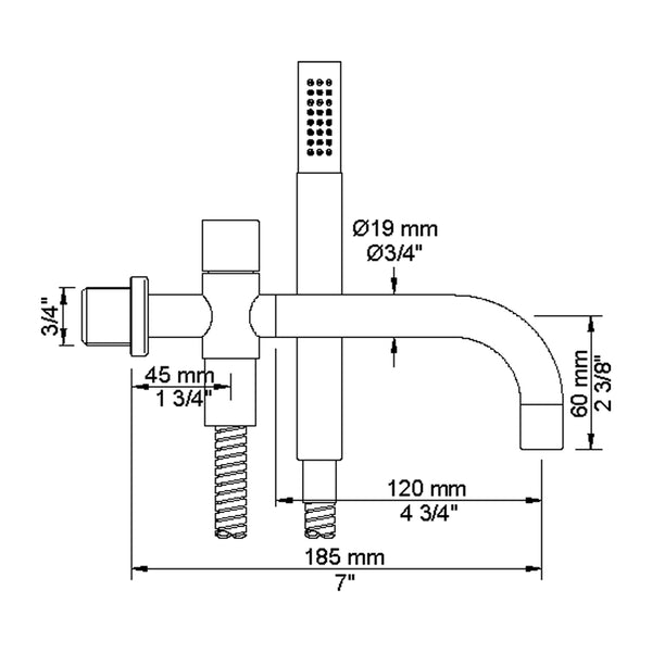 VOLA vertical swivel bath spout for wall mounting 185mm Ø19mm 040 incl. T2 and hose