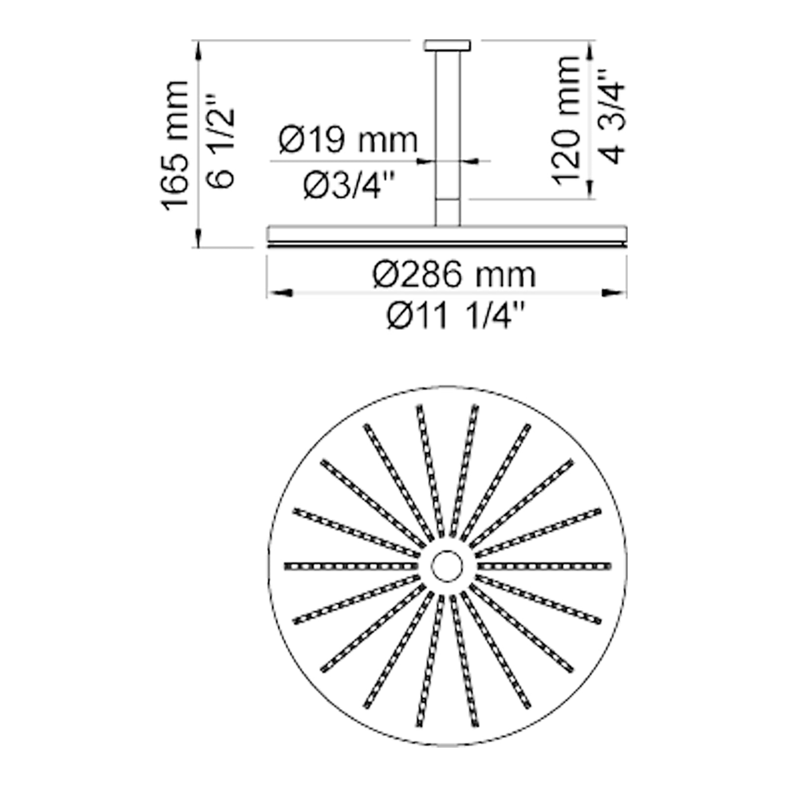 VOLA Regendouche rond 286mm voor Plafond montage 060A