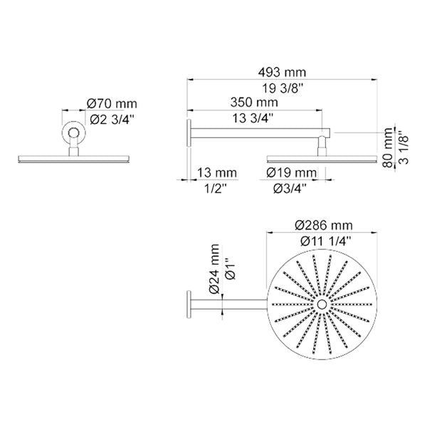 VOLA Regendouche rond 286mm voor wandmontage 060