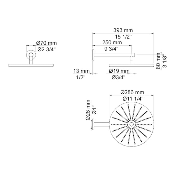 VOLA Regendouche rond 286mm voor wandmontage 060