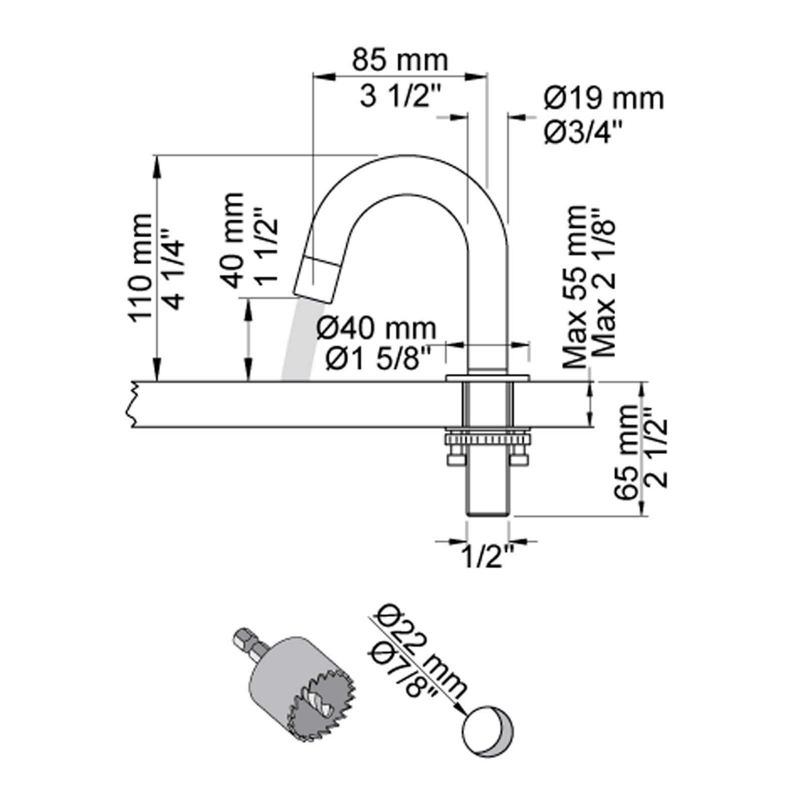 VOLA swivel spout for countertop mounting H-110 S-85 mm Ø19 mm 090A