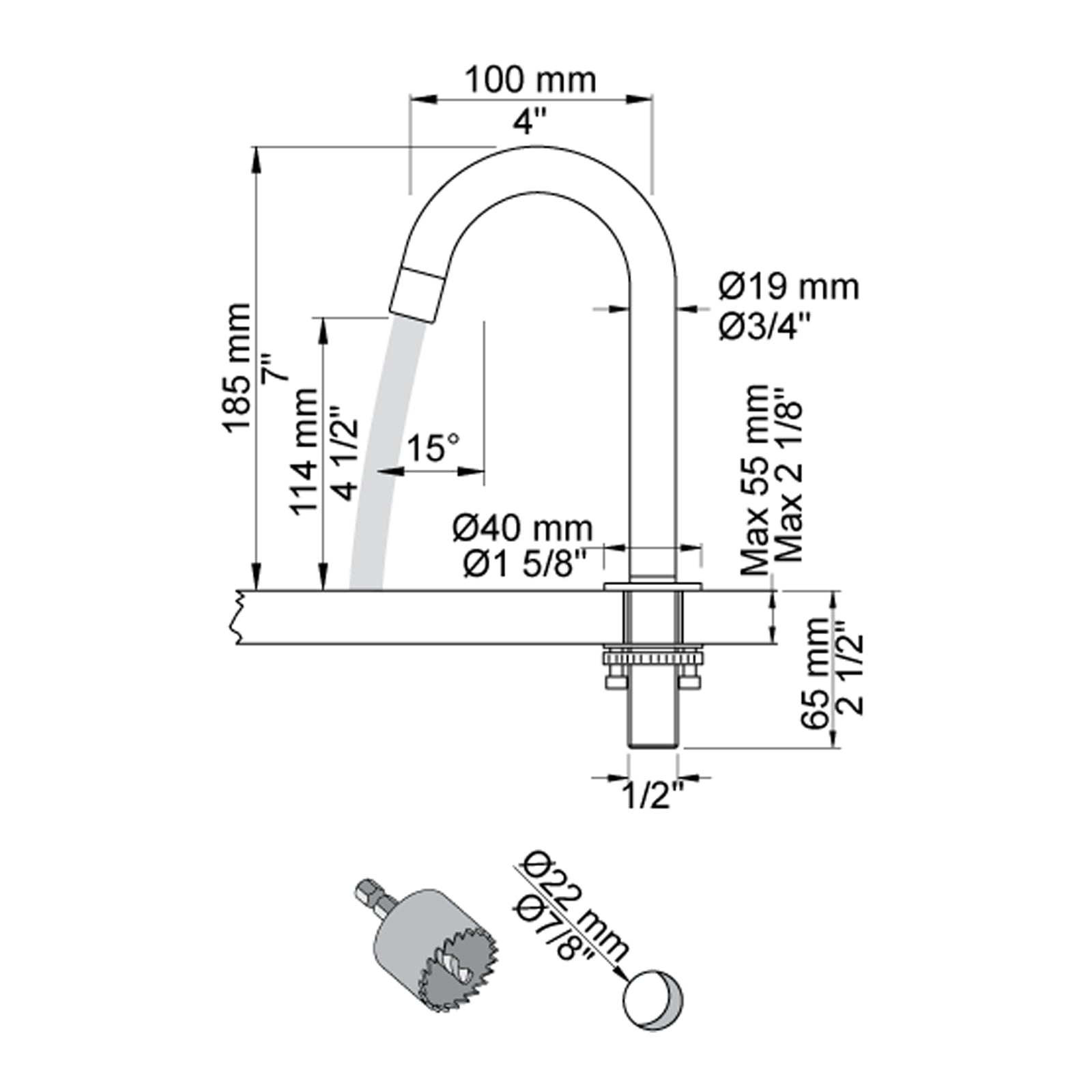 VOLA swivel spout for countertop mounting H-185 S-100 mm Ø19 mm 090B