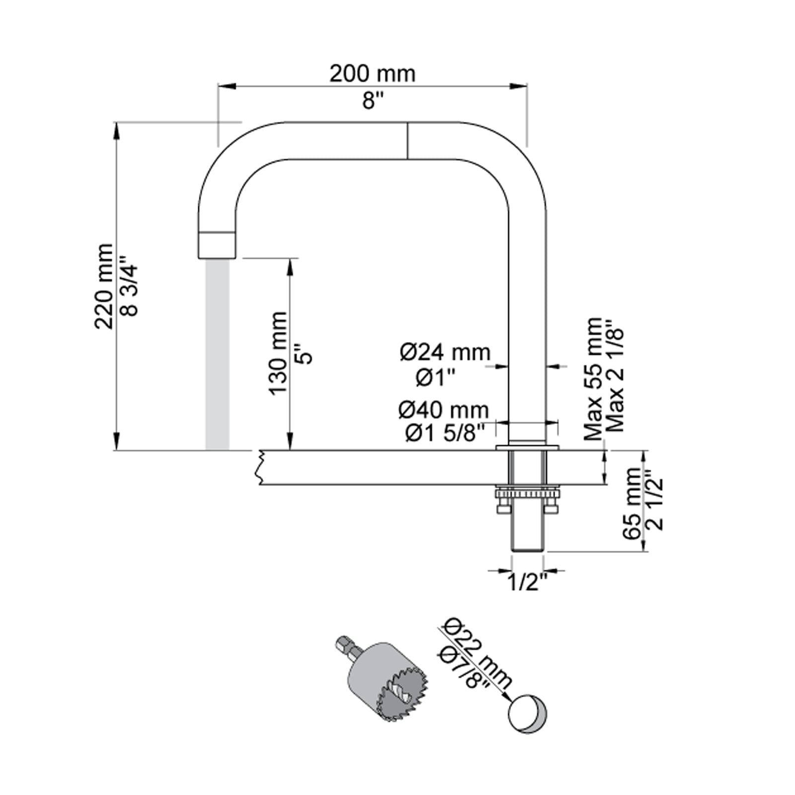 VOLA dubbel draaibare bad uitloop voor bladmontage H-200 S-200mm Ø24 mm 090D