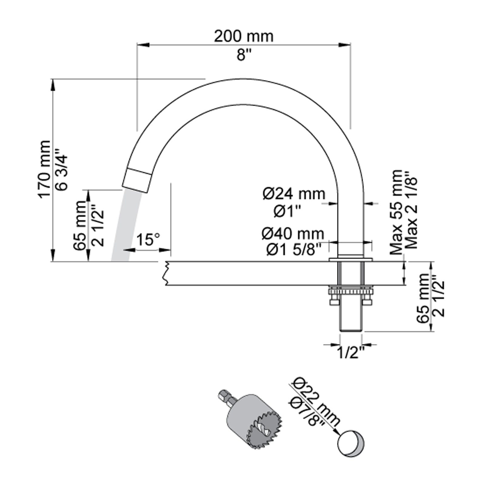 VOLA draaibare bad uitloop voor bladmontage H-170 S-200 mm Ø24 mm 090E
