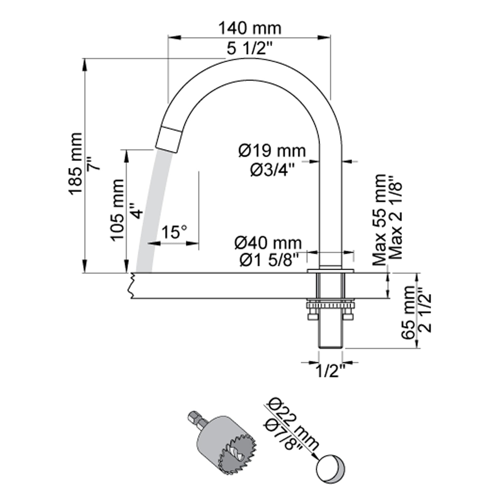 VOLA swivel spout for countertop mounting H-185 S-140 mm Ø19 mm 090G