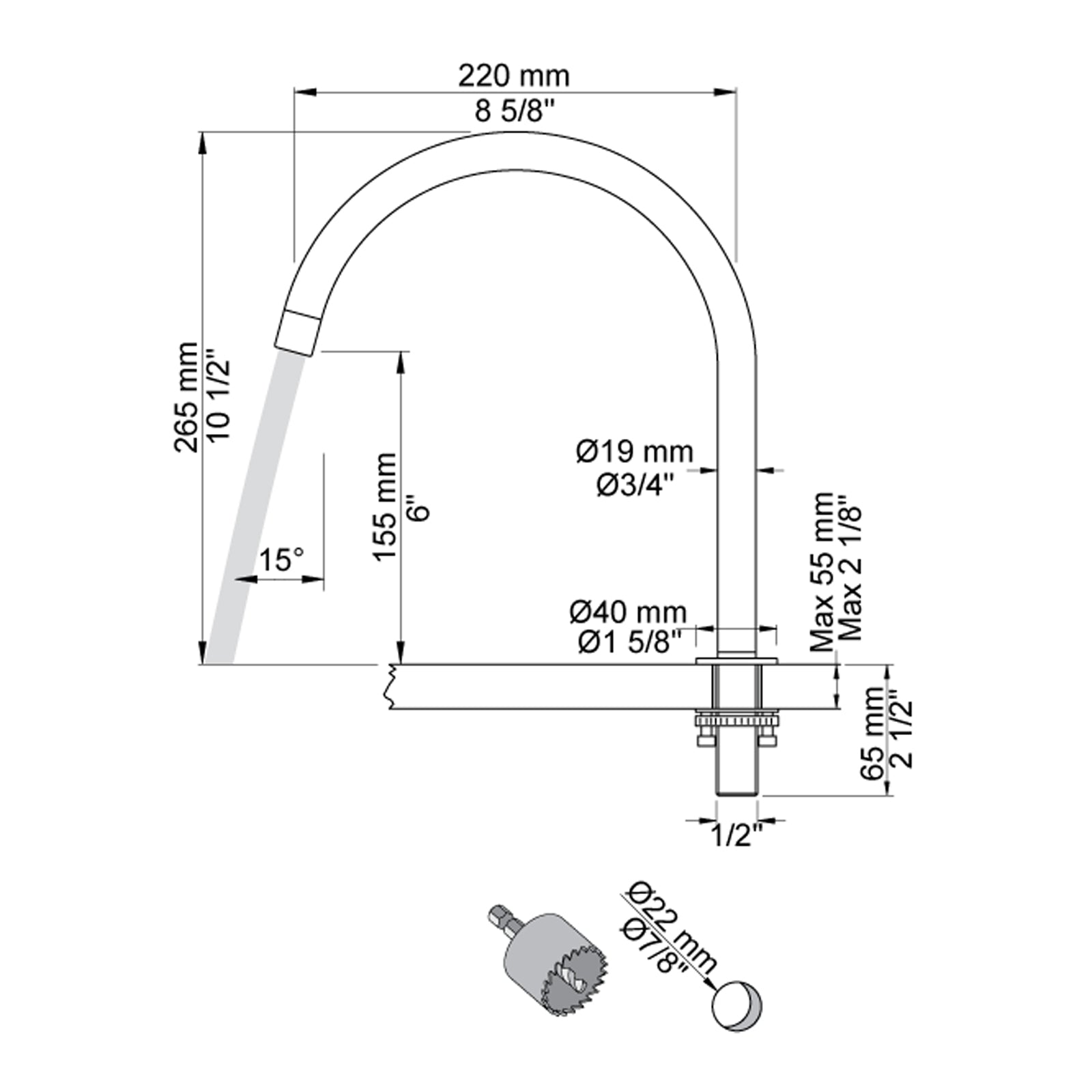 VOLA swivel spout for table top mounting H-265 S-220mm Ø19 mm 090H