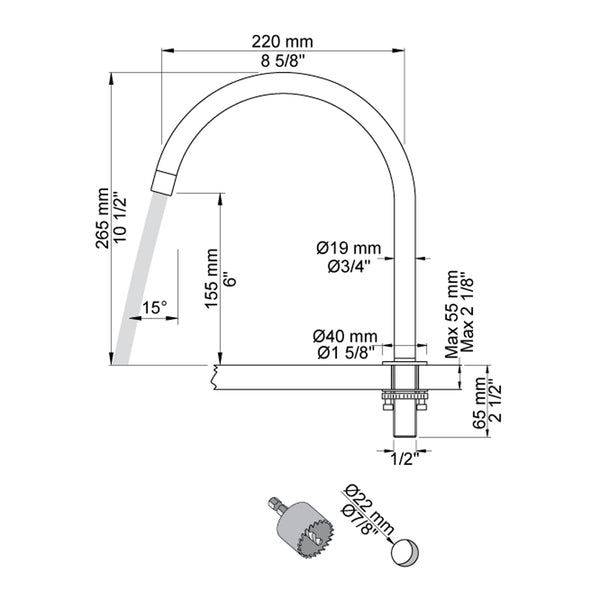 VOLA swivel spout for table top mounting H-265 S-220mm Ø19 mm 090H