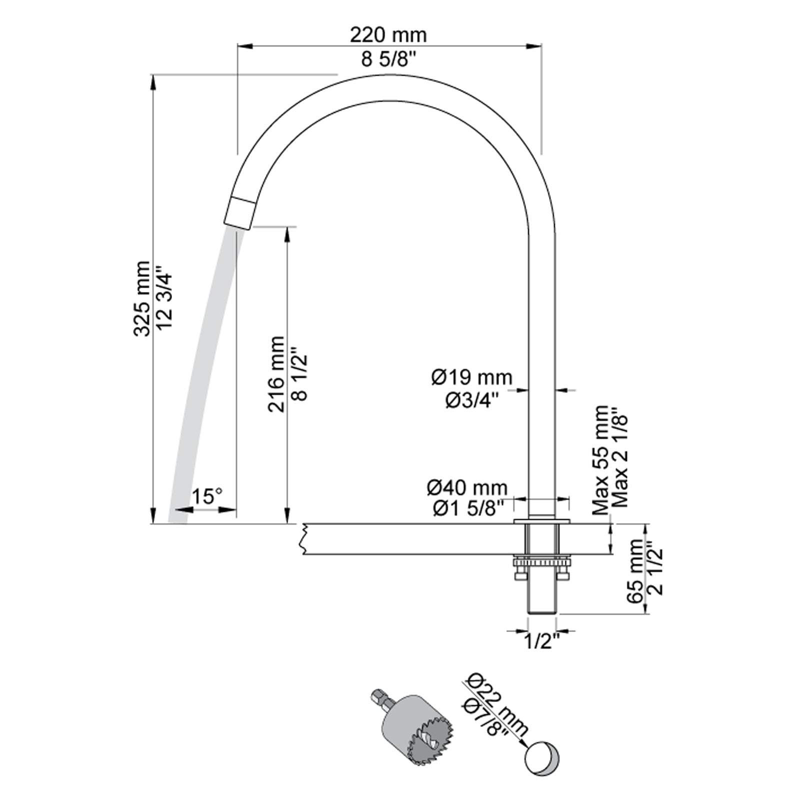 VOLA swivel spout for table top mounting H-325 S-220mm Ø19 mm 090I