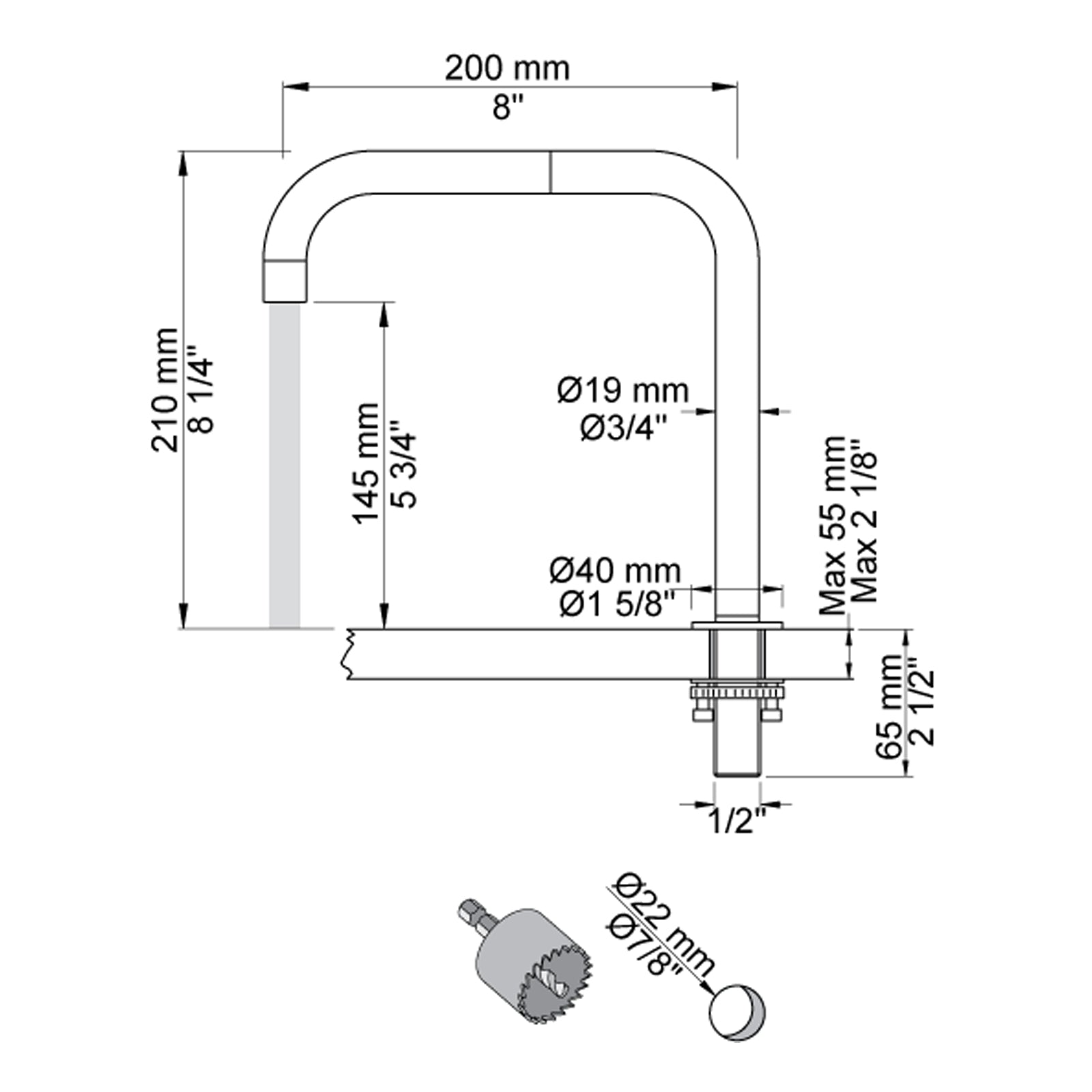 VOLA double swivel spout for table mounting H-210 S-200mm Ø19 mm 090
