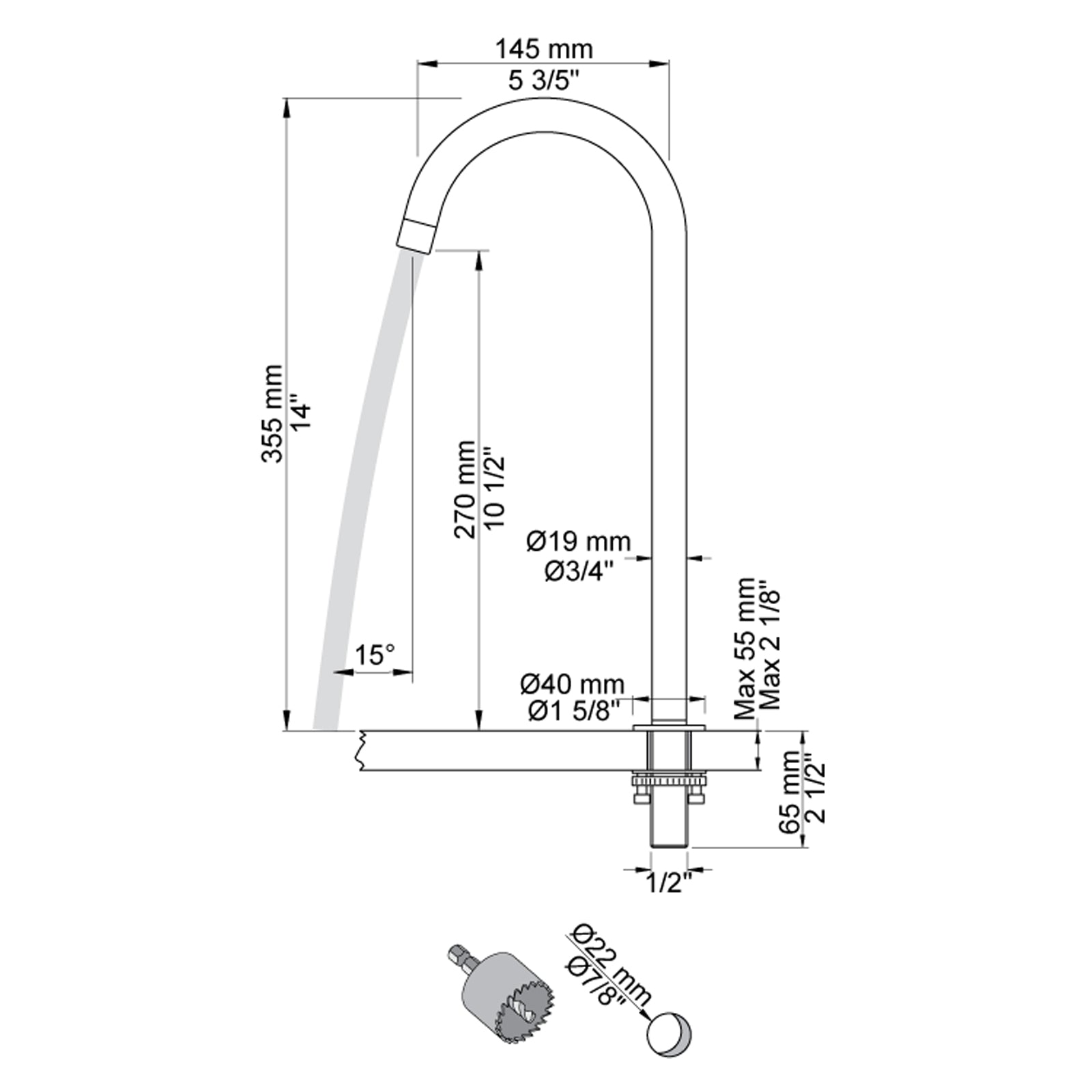 VOLA swivel spout for table top mounting H-355 S-145mm Ø19mm 090V