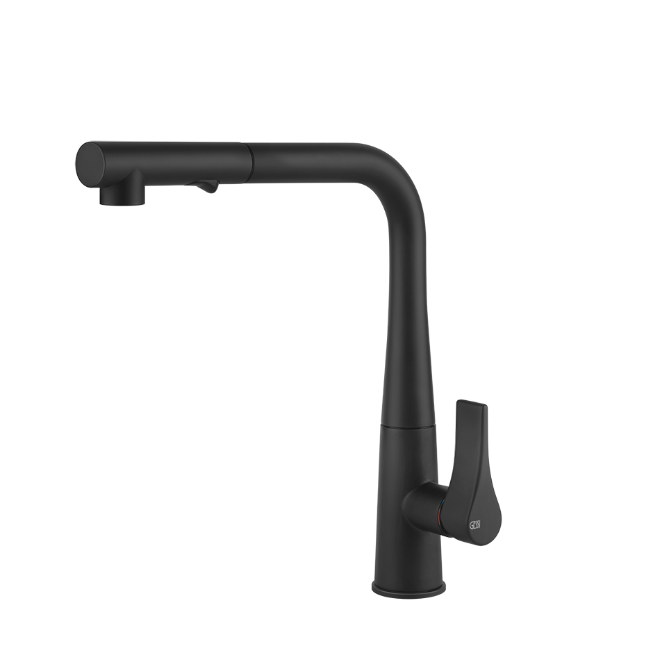 Gessi Proton keukenmengkraan met L-uitloop en uittrekbare 2-straals handdouche Mat Zwart