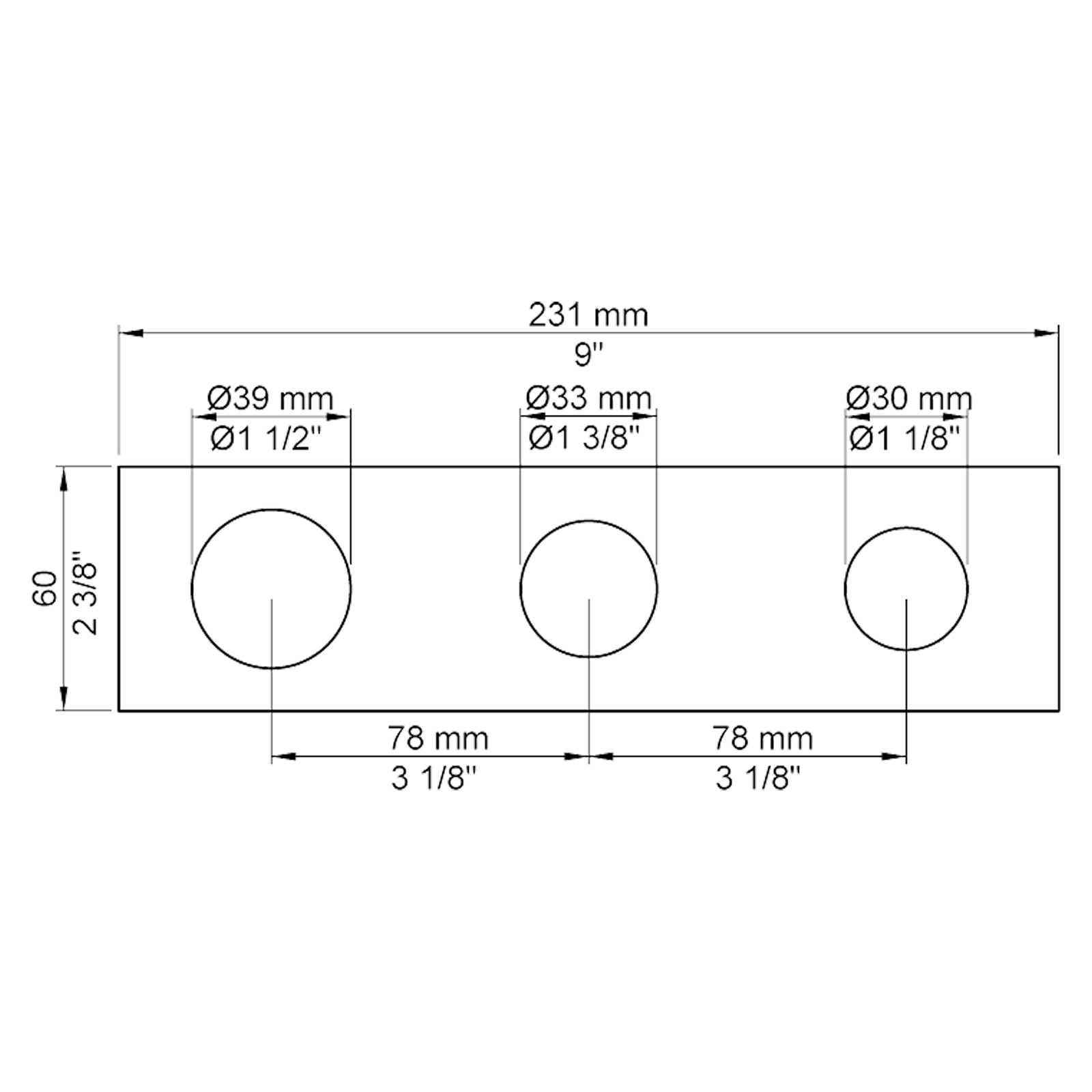 VOLA Afdekplaat 3-gats 231/309 x 60 gaten Ø39-Ø33-Ø30mm 2003K / 2003