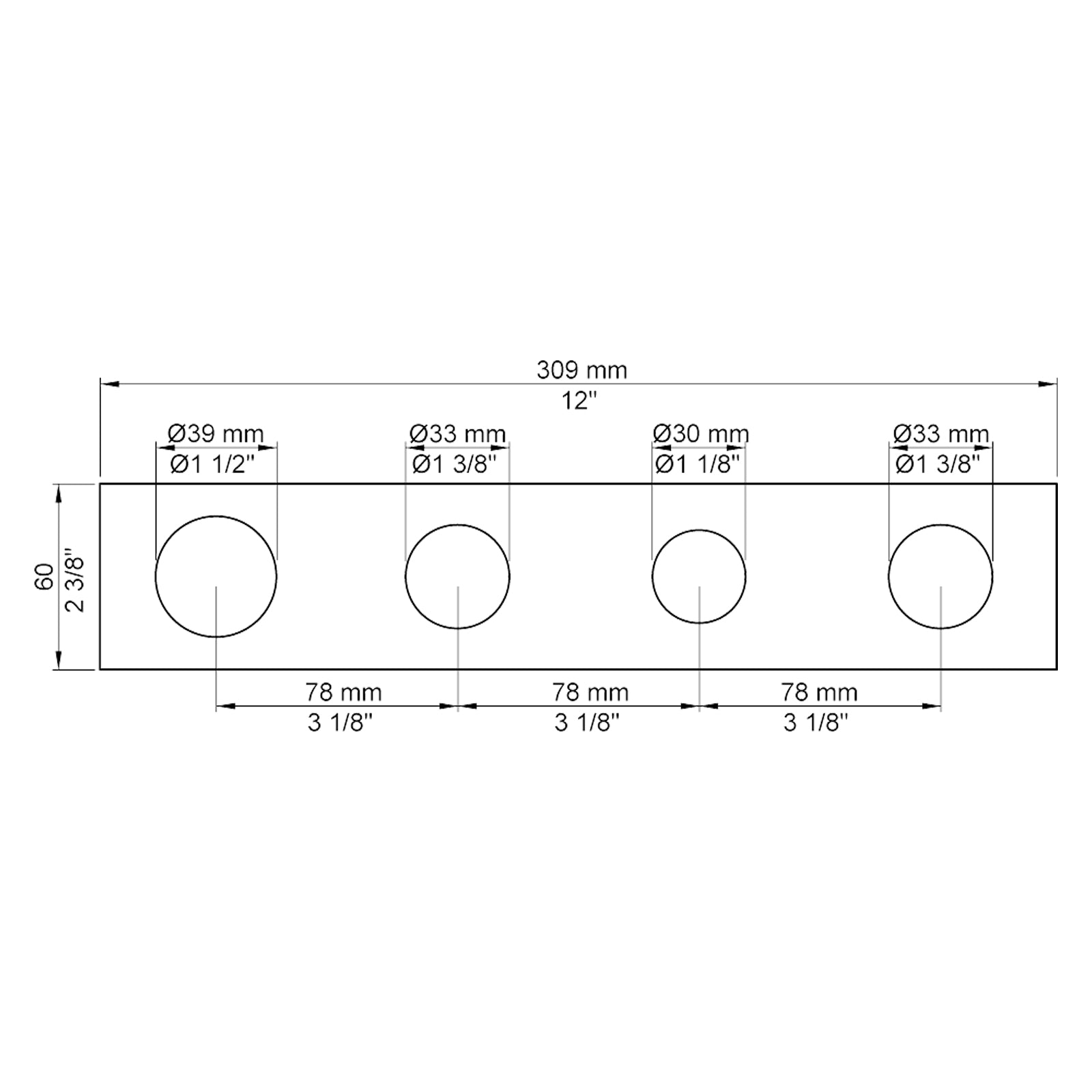 VOLA Afdekplaat 4-gats 309/387 x 60 gaten Ø39 mm, Ø33 mm, Ø30 mm en Ø33 mm 2004 / 2004L