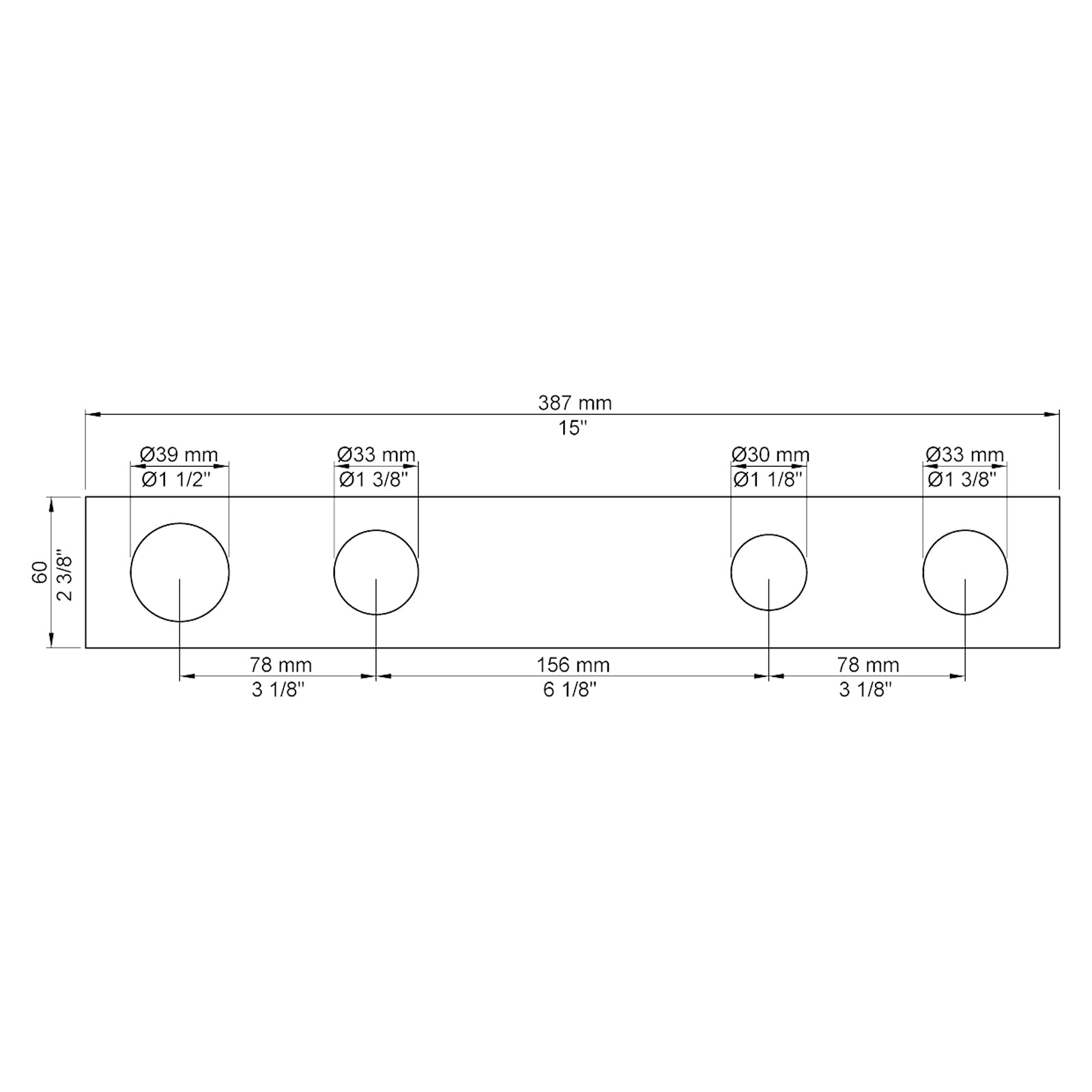 VOLA Afdekplaat 4-gats 309/387 x 60 gaten Ø39 mm, Ø33 mm, Ø30 mm en Ø33 mm 2004 / 2004L