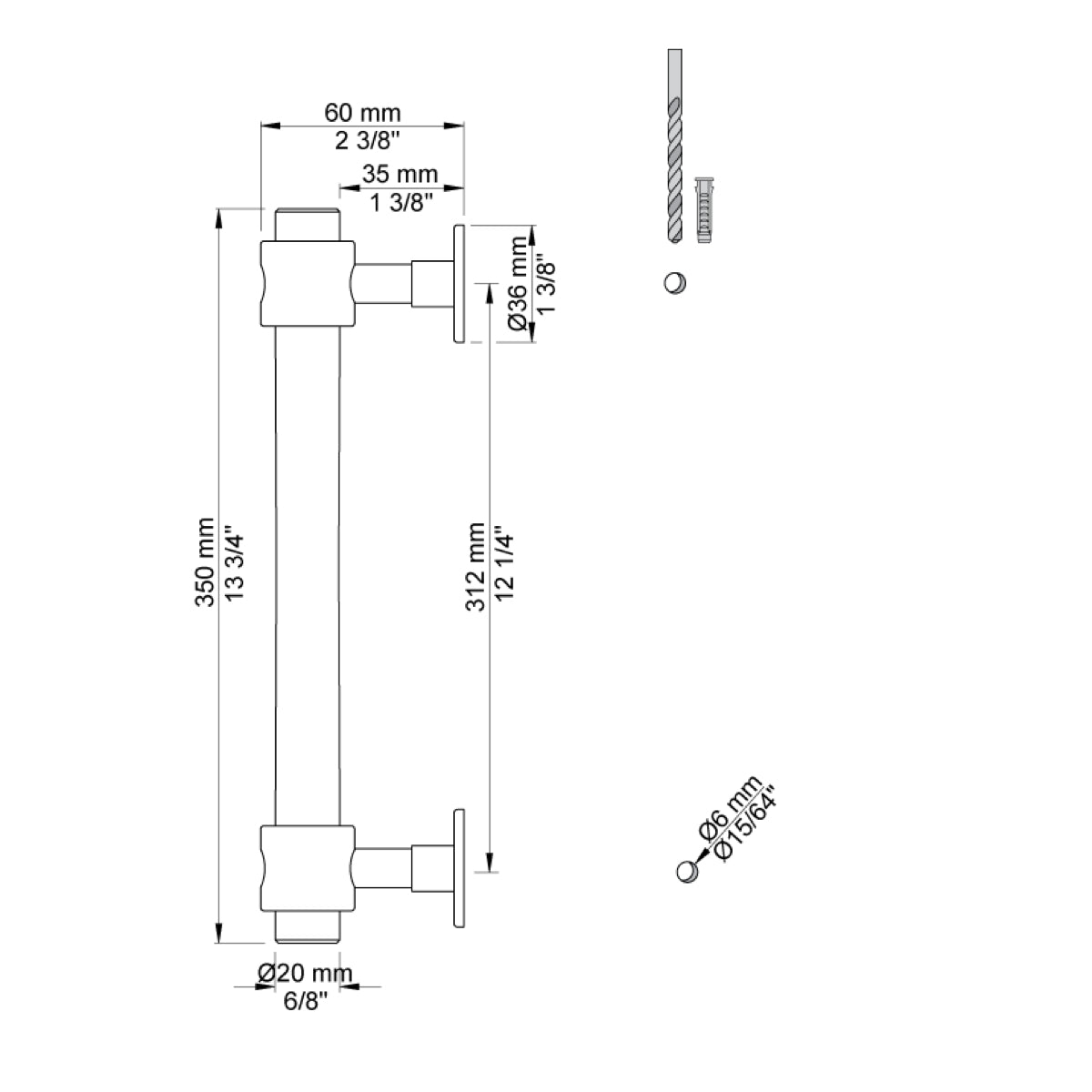 VOLA Handgreep 350 mm voor wandmontage Art. T23