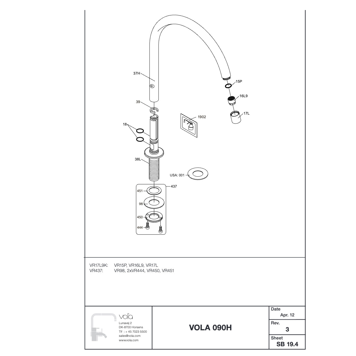 VOLA draaibare uitloop voor bladmontage H-265 S-220mm Ø19 mm 090H