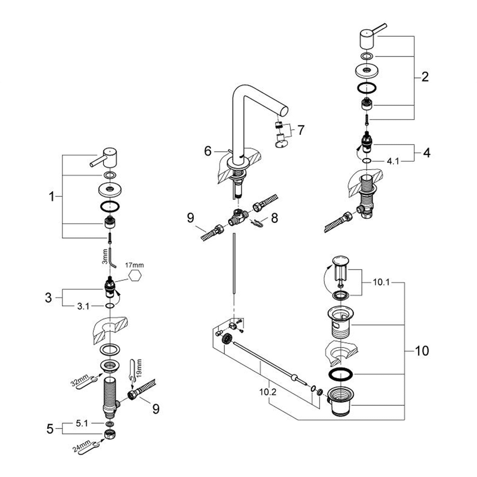 Grohe onderdelen Essence 3-Gats Wastafelmengkraan Hoge Uitloop 20299000