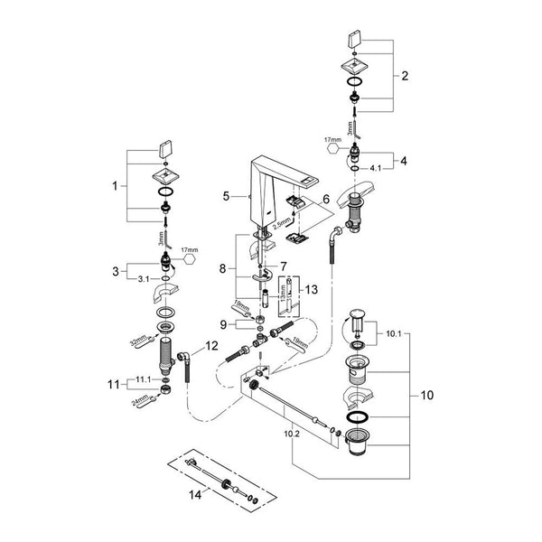 Grohe onderdelen Allure Brilliant 3-Gats Wastafelmengkraan Hoog M/Waste 20344000