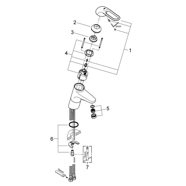 Grohe onderdelen Euroeco Special Wmk Hoog Gl.Body Open Hndl 57 L 23291000