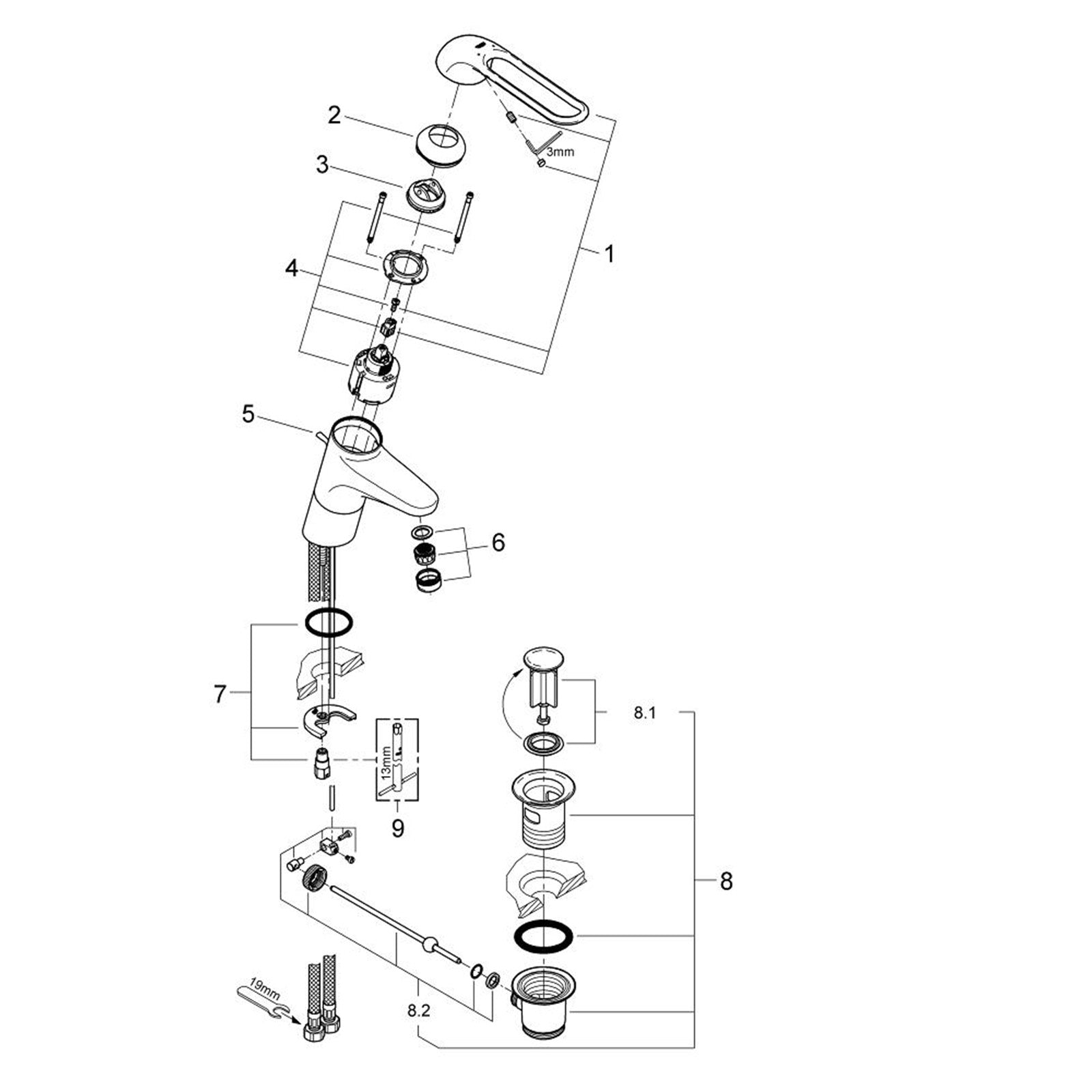 Grohe onderdelen Euroeco Special Wmk Hoog Waste Open Hndl 160 Mm 57 L 23294000