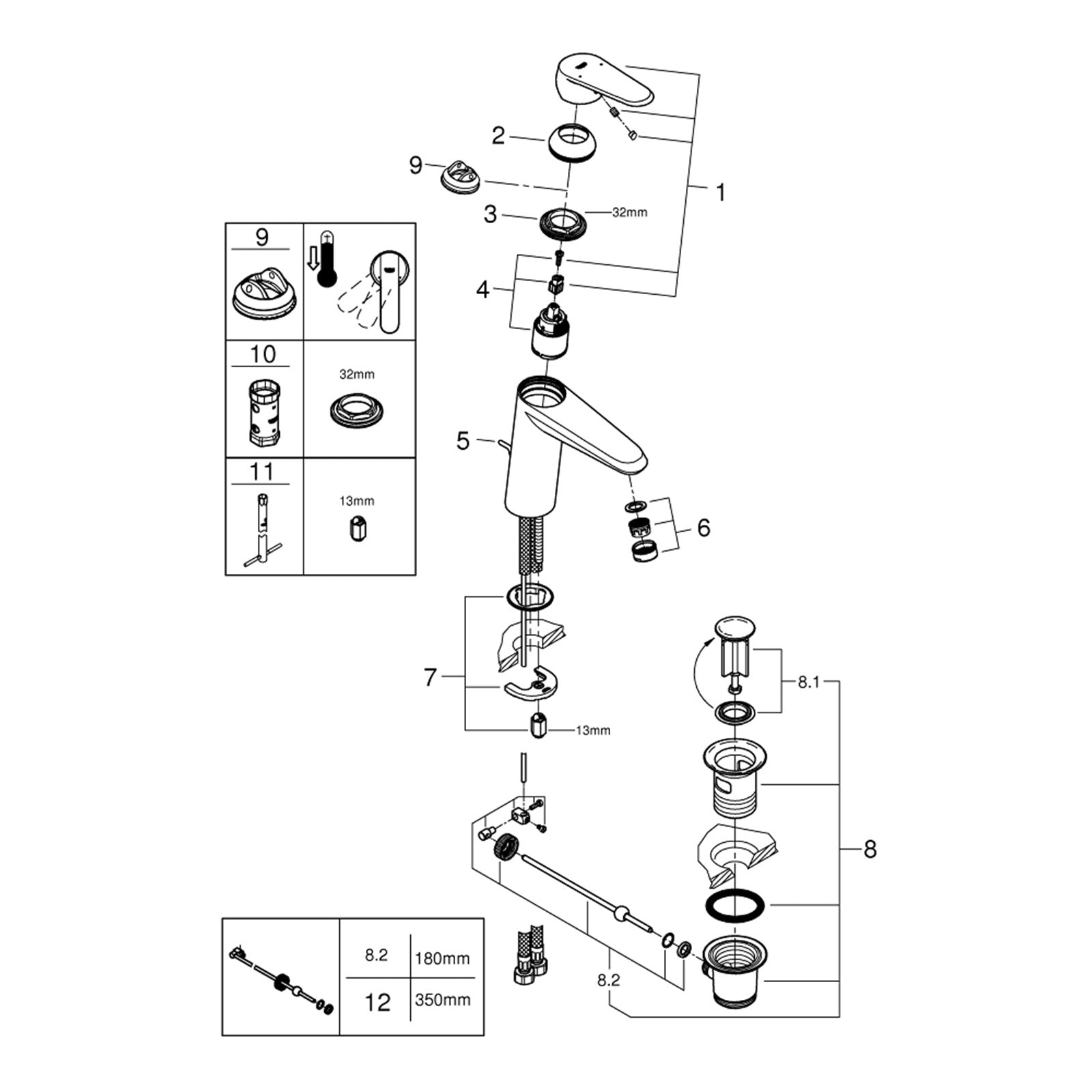 Grohe onderdelen Eurodisc Cosmopolitan Wastafelmengkraan Medium M/Waste 23448002