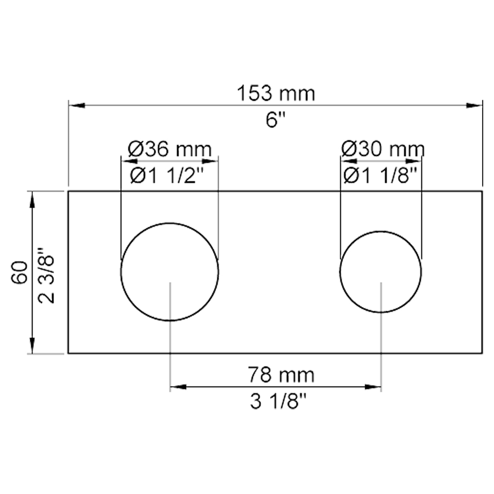 VOLA Afdekplaat 2-gats 153 x 60, gaten Ø36 mm en Ø33/Ø30  mm VR1045 / 3002
