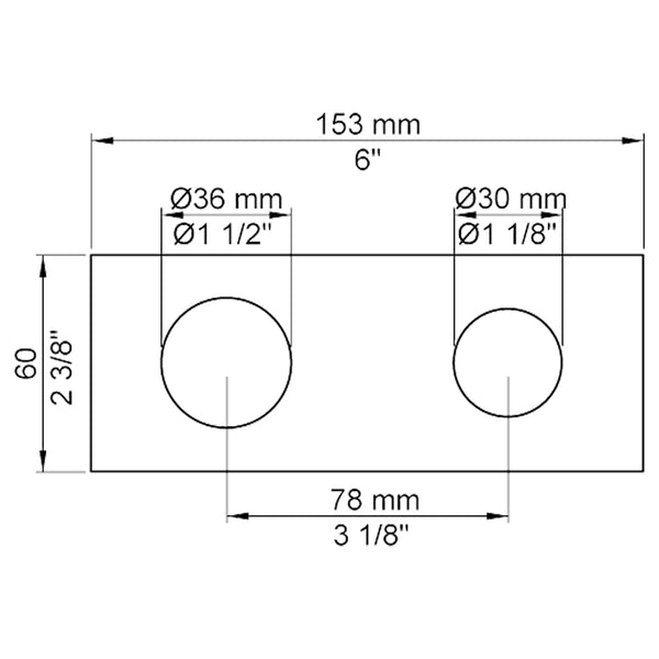VOLA Afdekplaat 2-gats 153 x 60, gaten Ø36 mm en Ø33/Ø30  mm VR1045 / 3002