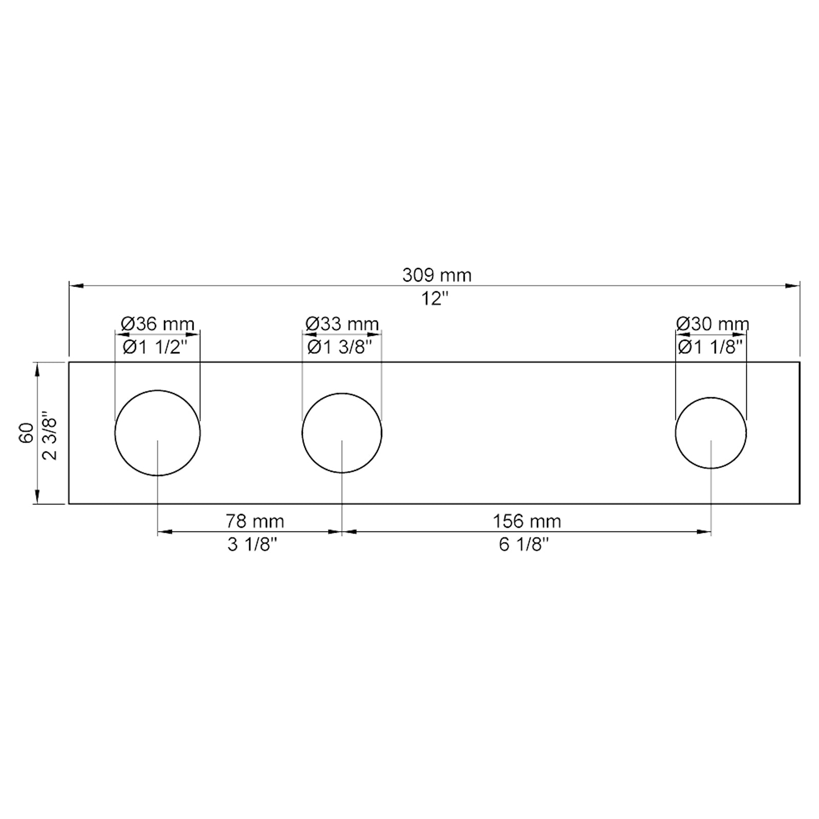 VOLA Afdekplaat 3-gats 231/309 x 60 gaten Ø36 mm en Ø33/Ø30  mm 3003K / 3003KB / 3003