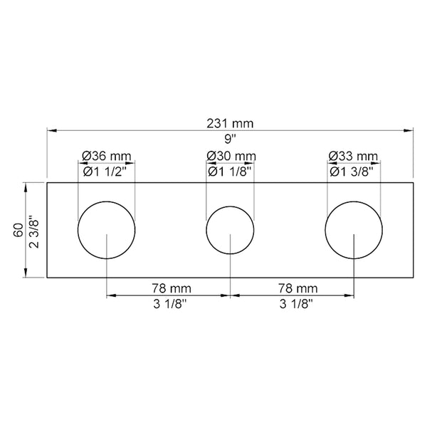 VOLA Afdekplaat 3-gats 231/309 x 60 gaten Ø36 mm en Ø33/Ø30  mm 3003K / 3003KB / 3003