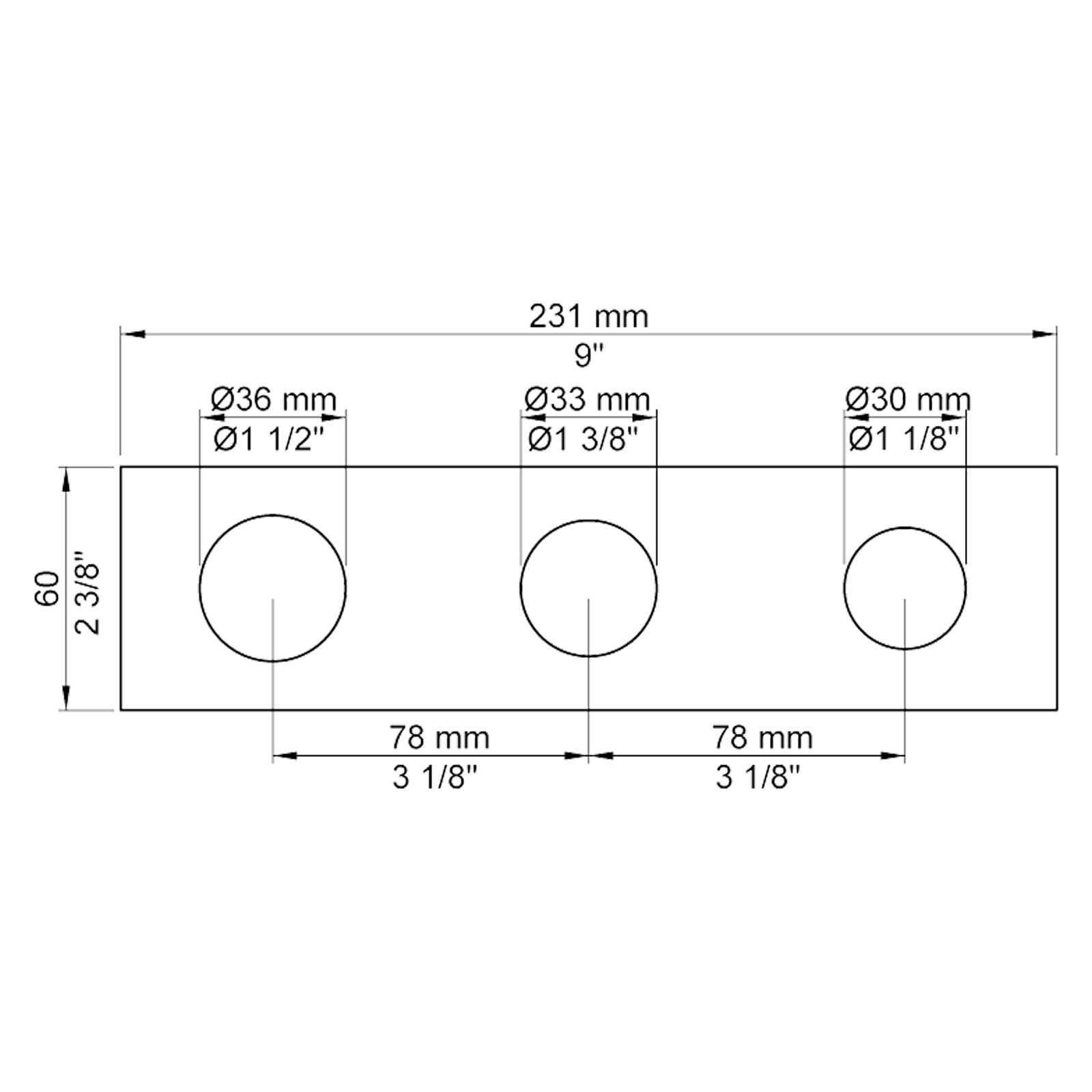 VOLA Afdekplaat 3-gats 231/309 x 60 gaten Ø36 mm en Ø33/Ø30  mm 3003K / 3003KB / 3003