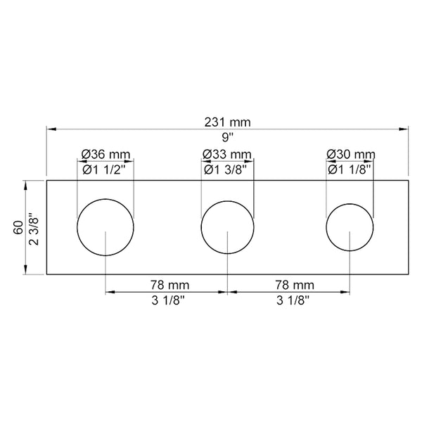 VOLA Afdekplaat 3-gats 231/309 x 60 gaten Ø36 mm en Ø33/Ø30  mm 3003K / 3003KB / 3003